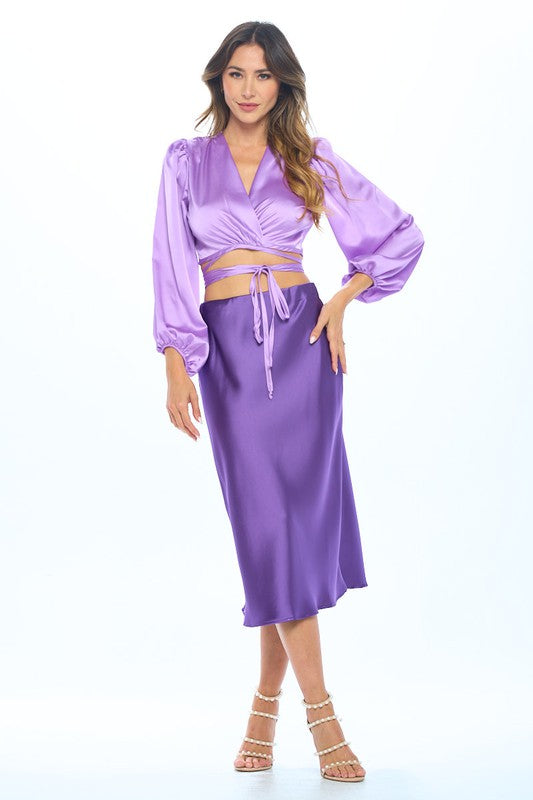 Silky Satin Wrap Crop Top with Tie