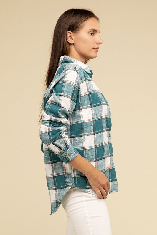 Cotton Plaid Shacket With Front Pocket