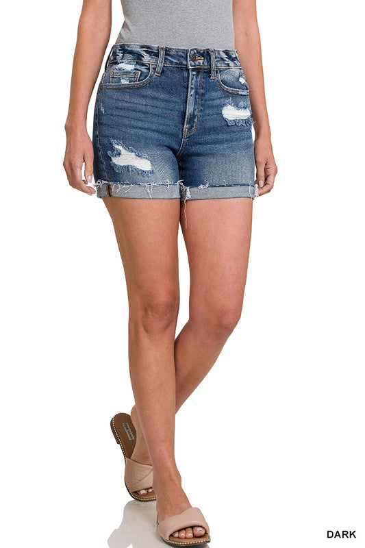 DISTRESSED CUFFED RAW HEM DENIM SHORTS