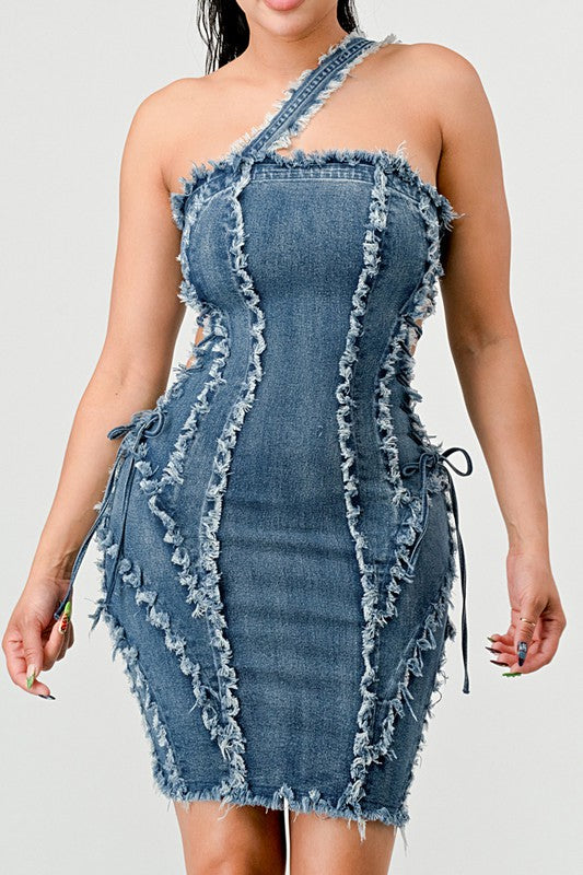 ATHINA DISTRESSED SEWING LINE DENIM MINI DRESS