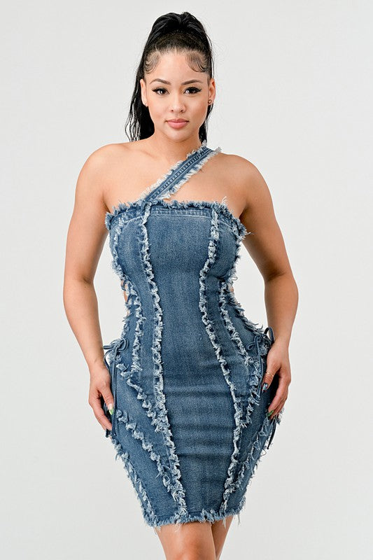 ATHINA DISTRESSED SEWING LINE DENIM MINI DRESS