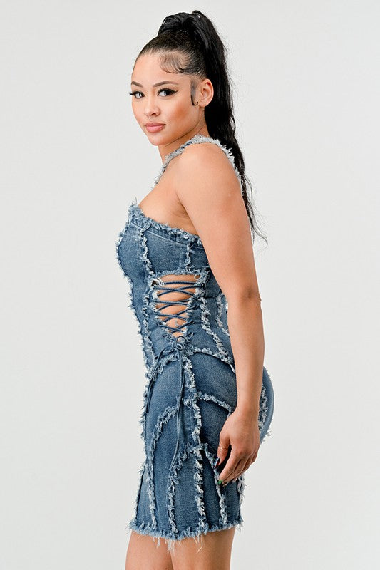 ATHINA DISTRESSED SEWING LINE DENIM MINI DRESS