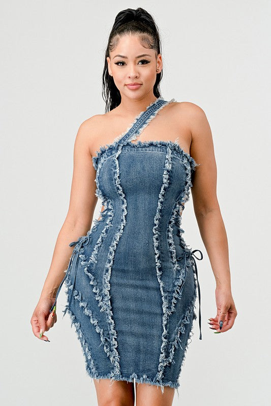 ATHINA DISTRESSED SEWING LINE DENIM MINI DRESS