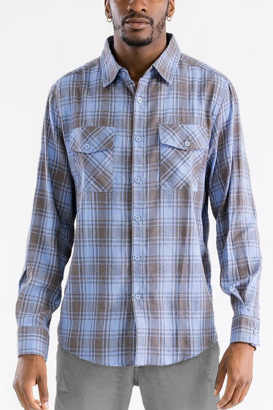 Men's Long Sleeve Flannel Full Plaid Checkered Shirt