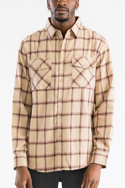 Men's Long Sleeve Flannel Full Plaid Checkered Shirt