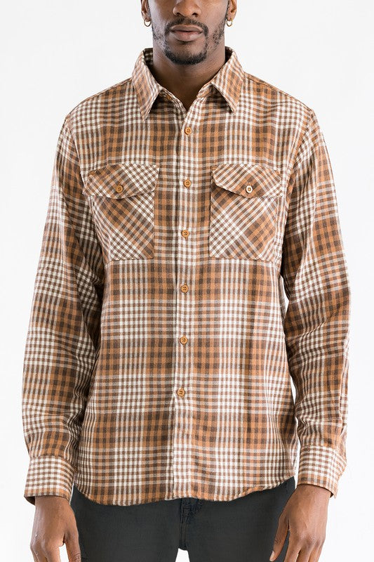 Men's Long Sleeve Flannel Full Plaid Checkered Shirt