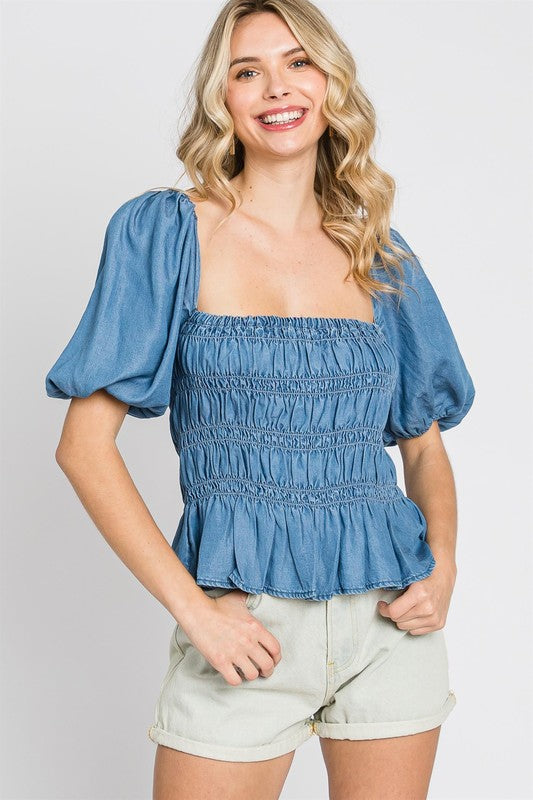 Denim Smocked Peplum Top