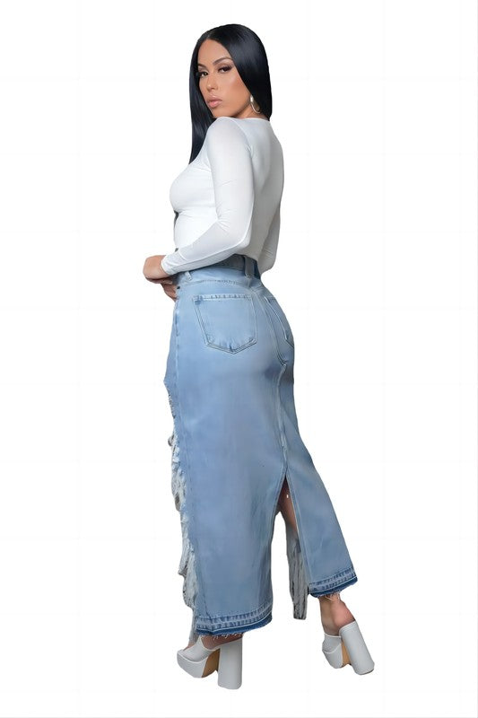 Women Sexy High Low Denim Maxi Skirt