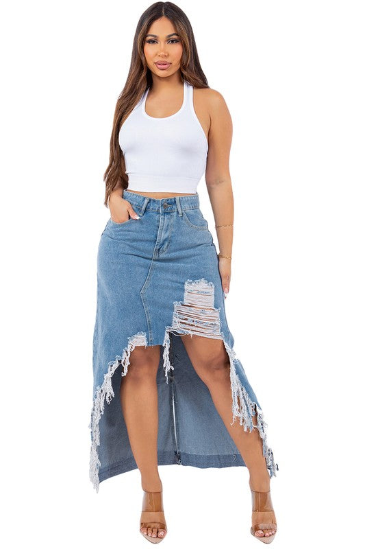 Women Sexy High Low Denim Maxi Skirt