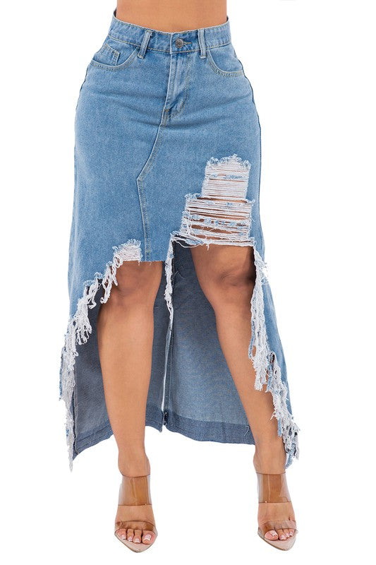 Women Sexy High Low Denim Maxi Skirt