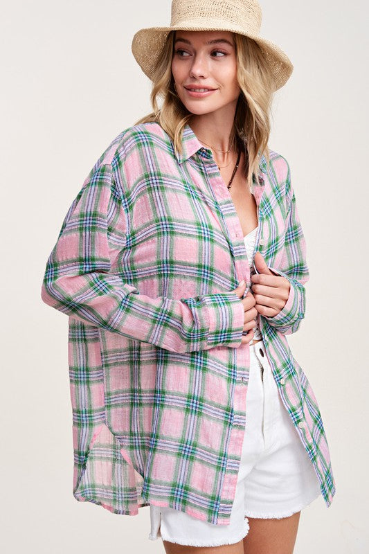 Liz Plaid Button Down long sleeve Shirt