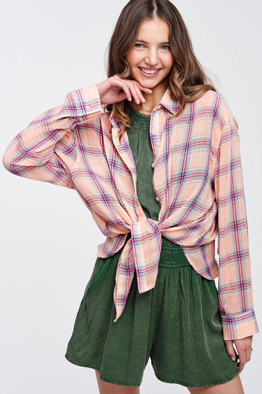 Liz Plaid Button Down long sleeve Shirt