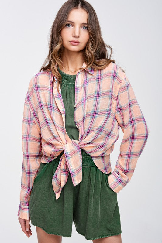 Liz Plaid Button Down long sleeve Shirt