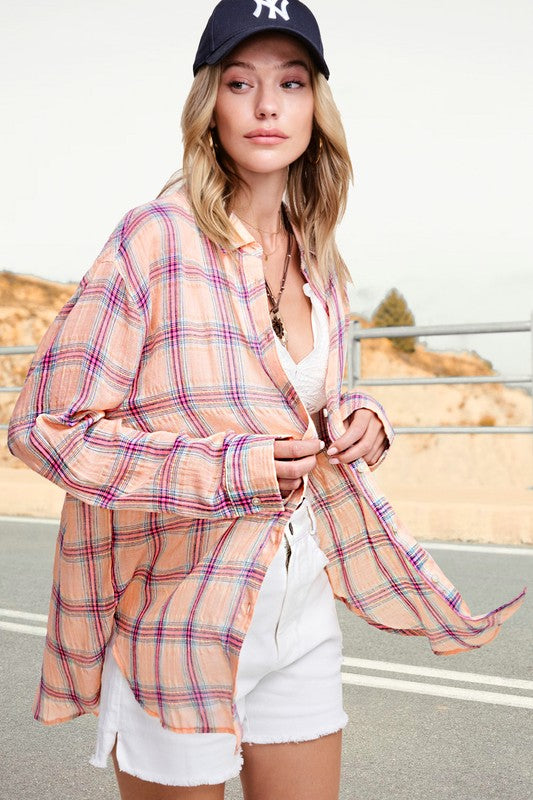 Liz Plaid Button Down long sleeve Shirt