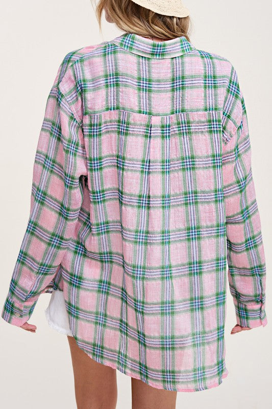 Liz Plaid Button Down long sleeve Shirt