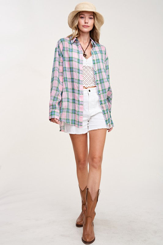 Liz Plaid Button Down long sleeve Shirt