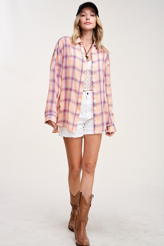 Liz Plaid Button Down long sleeve Shirt