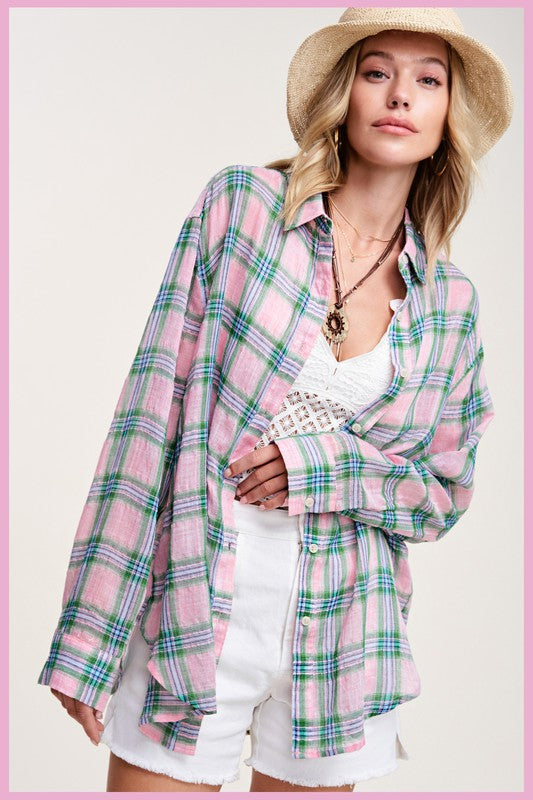 Liz Plaid Button Down long sleeve Shirt