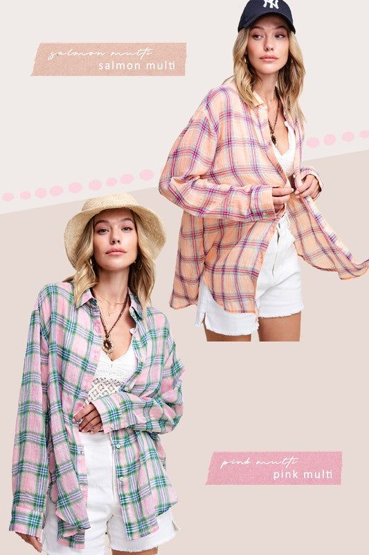 Liz Plaid Button Down long sleeve Shirt