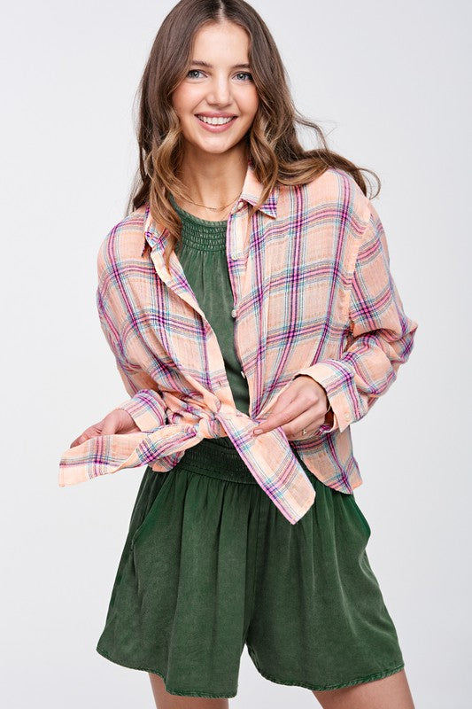 Liz Plaid Button Down long sleeve Shirt