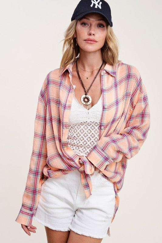 Liz Plaid Button Down long sleeve Shirt