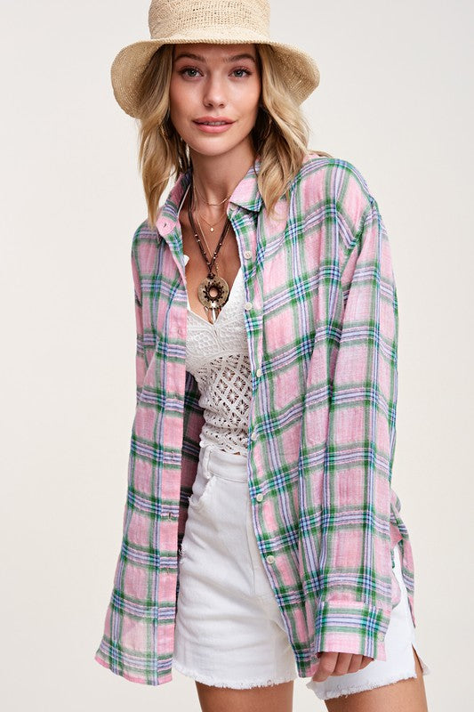 Liz Plaid Button Down long sleeve Shirt