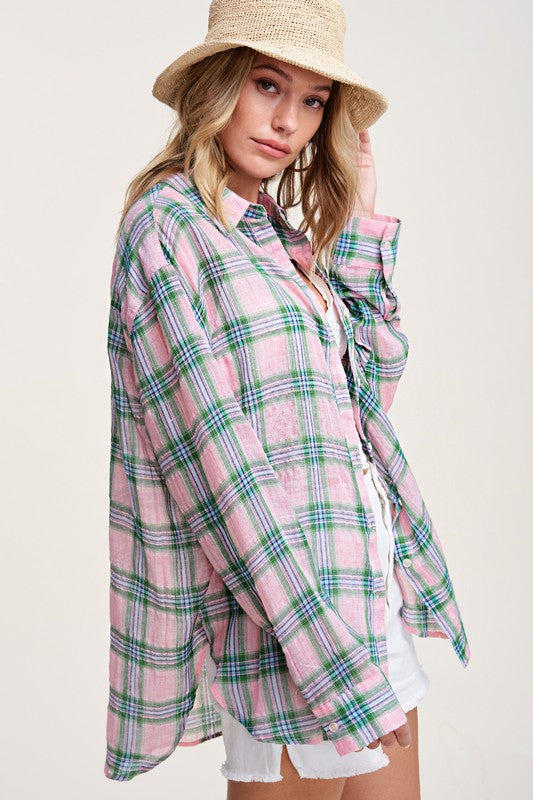 Liz Plaid Button Down long sleeve Shirt