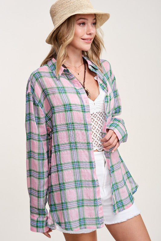 Liz Plaid Button Down long sleeve Shirt