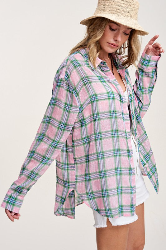 Liz Plaid Button Down long sleeve Shirt