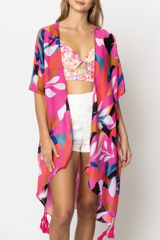 Abstract Tropical Print Open Front Kimono