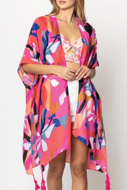 Abstract Tropical Print Open Front Kimono