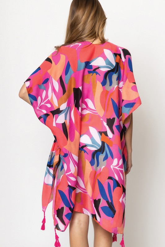 Abstract Tropical Print Open Front Kimono