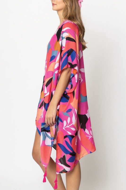 Abstract Tropical Print Open Front Kimono