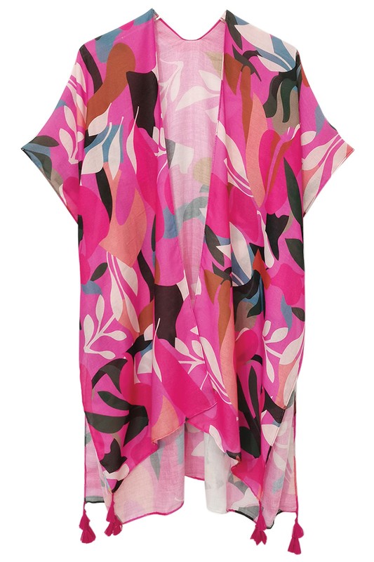 Abstract Tropical Print Open Front Kimono