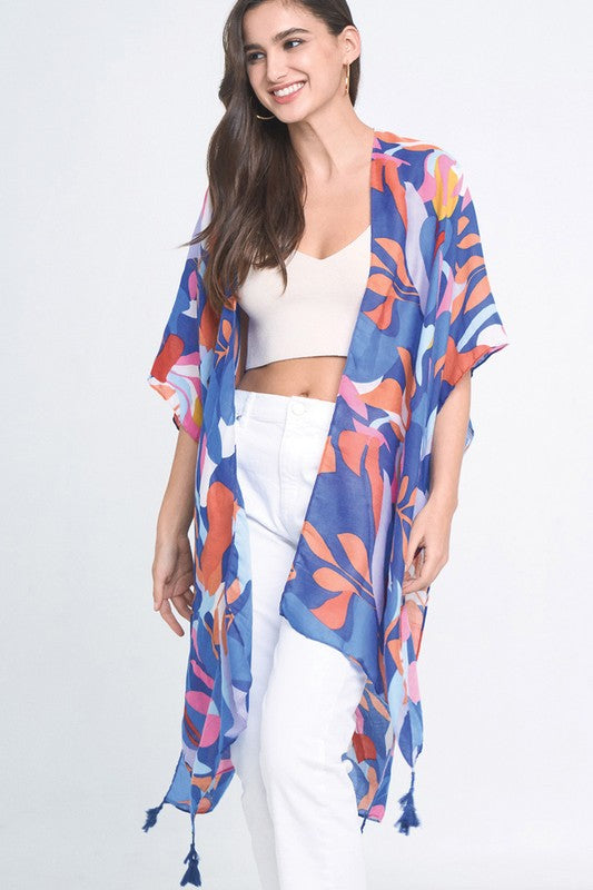 Abstract Tropical Print Open Front Kimono