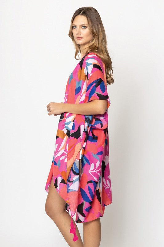 Abstract Tropical Print Open Front Kimono