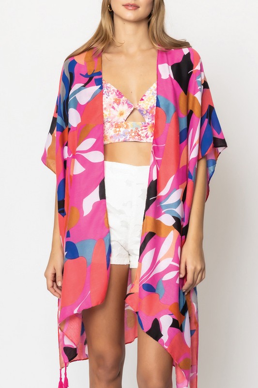 Abstract Tropical Print Open Front Kimono