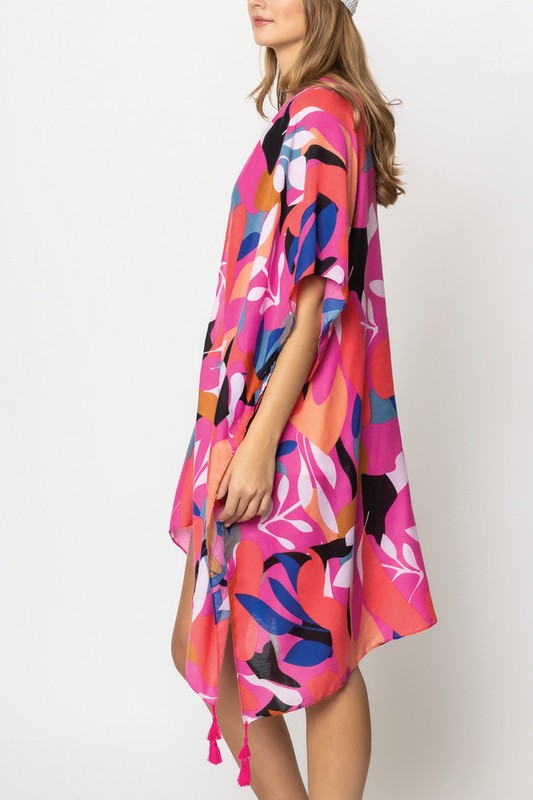 Abstract Tropical Print Open Front Kimono