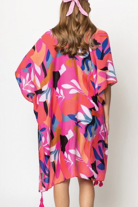 Abstract Tropical Print Open Front Kimono