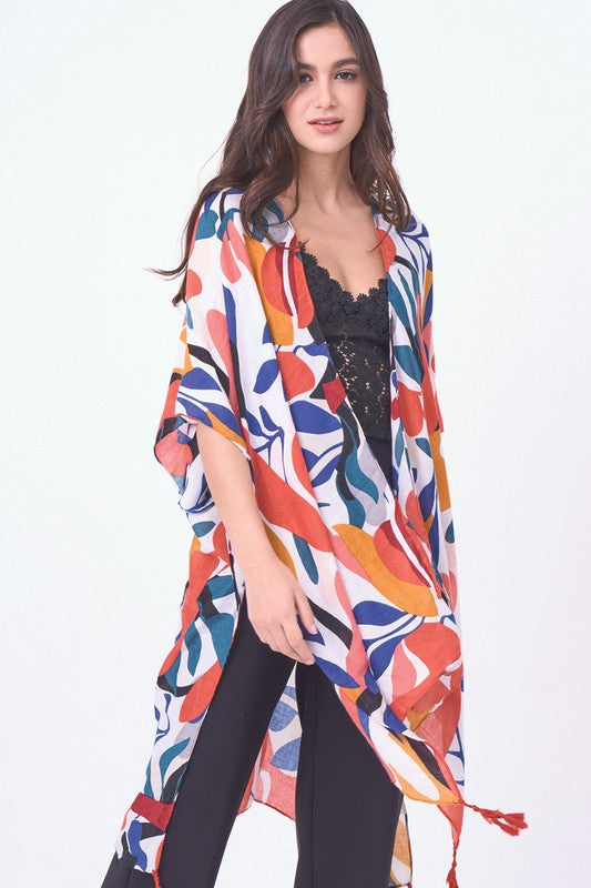 Abstract Tropical Print Open Front Kimono