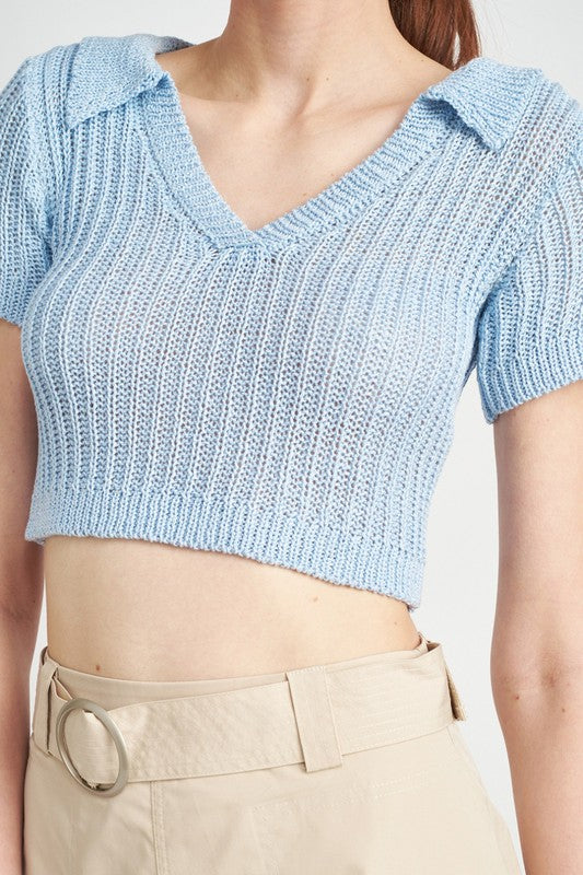 Ribbed Knit Collared Crop Top