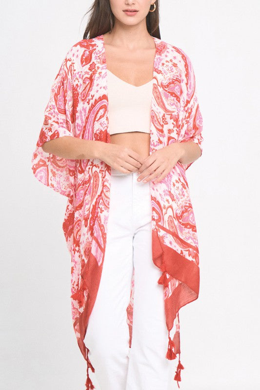 Solid Paisley Border Print Kimono