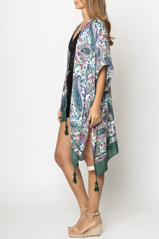 Solid Paisley Border Print Kimono