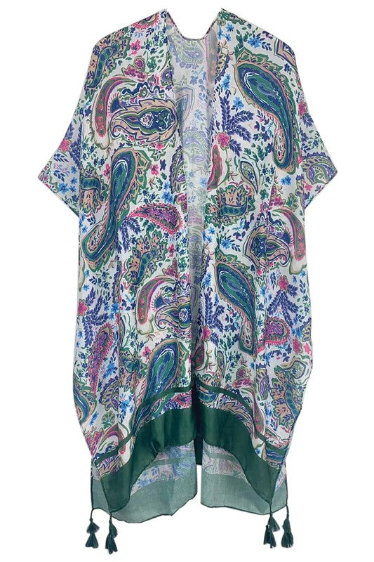 Solid Paisley Border Print Kimono