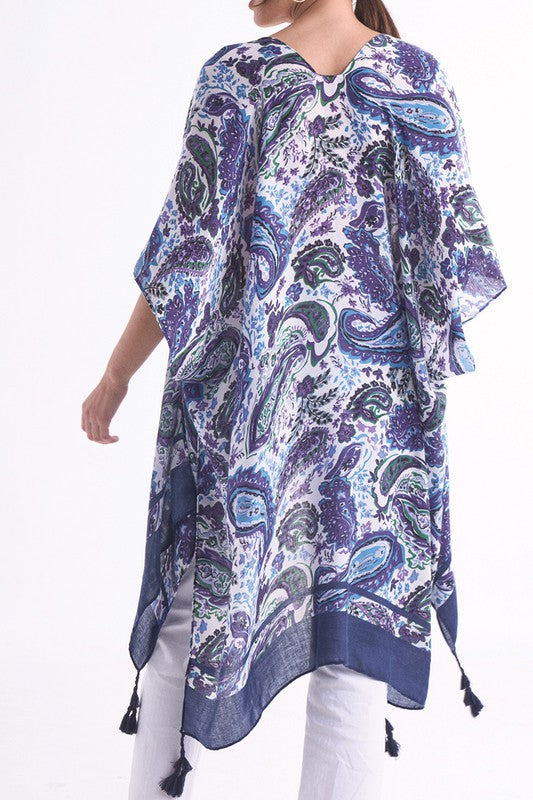 Solid Paisley Border Print Kimono