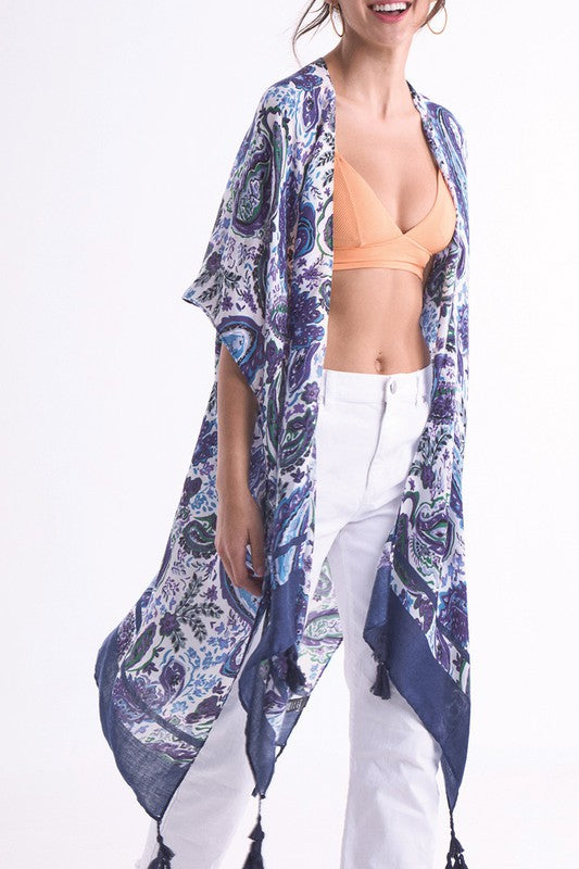 Solid Paisley Border Print Kimono