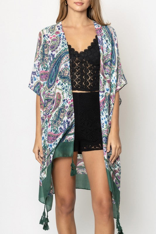 Solid Paisley Border Print Kimono