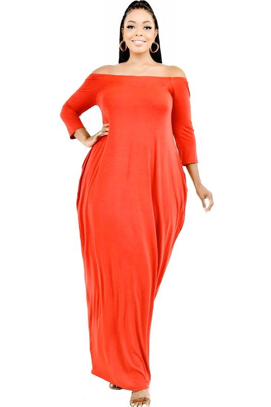 PLUS 3/4 SLEEVE SOLID OFF SHOULDER MAXI DRESS