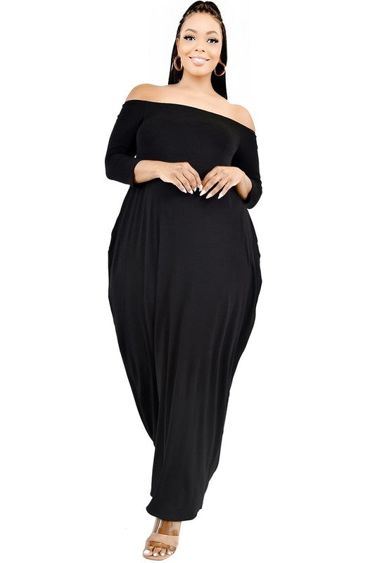 PLUS 3/4 SLEEVE SOLID OFF SHOULDER MAXI DRESS