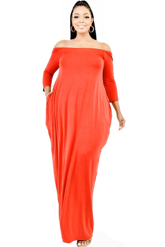 PLUS 3/4 SLEEVE SOLID OFF SHOULDER MAXI DRESS